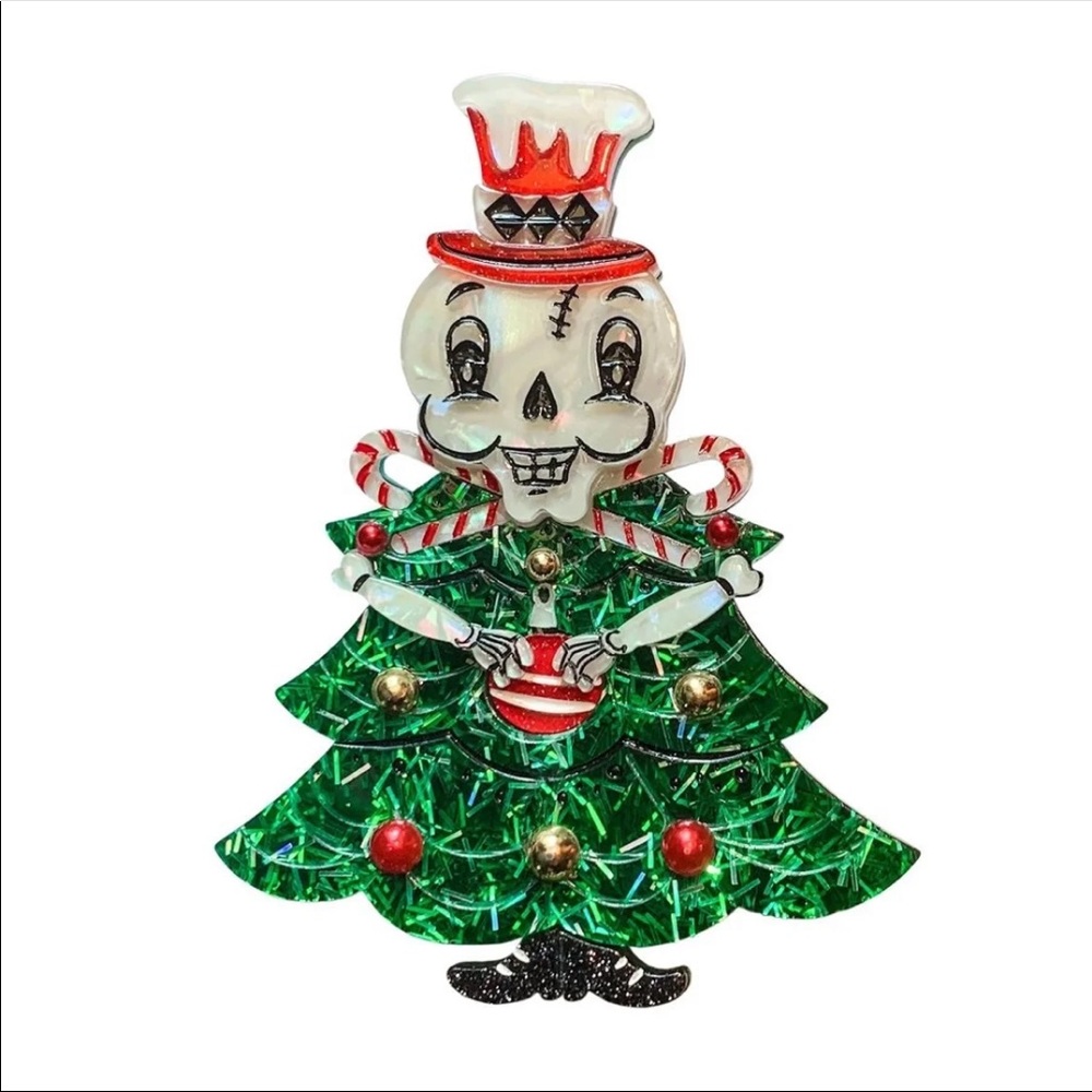 Johanna Parker Skelly Tree Skeleton Christmas Halloween Brooch Lipstick Chrome